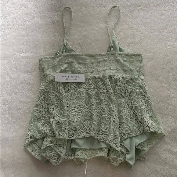 Kirious Los Angeles Lace Trim Sage Green Spaghetti Strap Tank - Picture 4 of 6